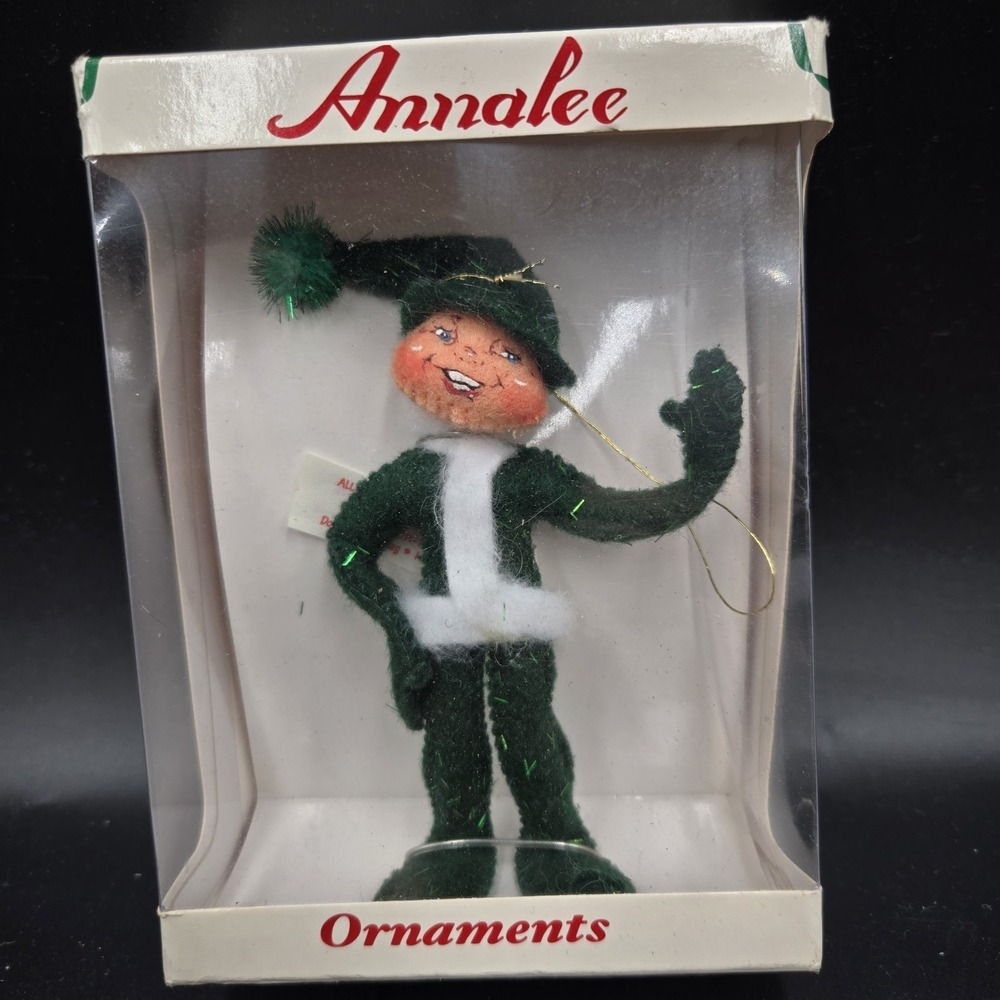Vintage AnnaLee 2004 5" Green Sparkle Elf Christmas Ornament New In Box Handmade